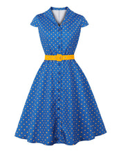 Load image into Gallery viewer, 1950s Vintage Blue &amp; Yellow Polka Dot Rockabilly Swing Dress