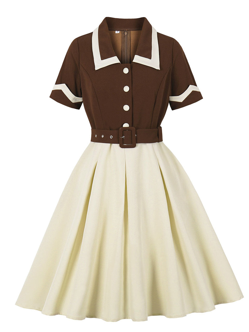 Brown Color Blocking Vintage Swing Dress, Brown / XL