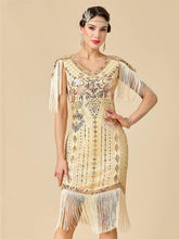 Load image into Gallery viewer, Women's 1920s Flapper Dress with Fringe Sleeves Black Gold Gatsby Costume Sequined Beaded Dress