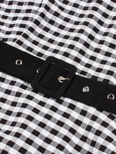 Load image into Gallery viewer, Black White Plaid Bow Neck 1950s Three-Quarter Sleeves Swing Dress