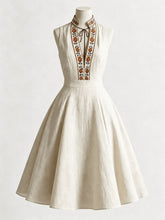 Load image into Gallery viewer, Vintage off-white sleeveless linen midi swing dress with boho floral embroidered V-neck and neck tie