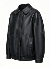 Load image into Gallery viewer, Women's Dark Brown Contrast Stitch Faux Leather Bomber Jacket
