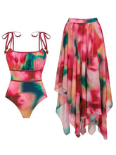 Load image into Gallery viewer, Women's Floral Watercolor One Piece Swimsuit with Mesh Asymmetric Maxi Skirt Set