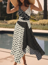 Load image into Gallery viewer, Women's Split Color Block Polka Dot Ruched V-Neck Bathing Suit and Asymmetric Hem Beach Skirt Set