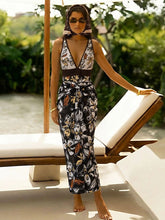 Load image into Gallery viewer, Women’s Black and Brown Floral Print Criss-Cross One-Piece Swimsuit and Sheer Sarong Set