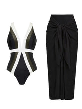 Load image into Gallery viewer, Women's Black and White Colorblock V-Neck Swimsuit &amp; Tie-Front Sarong Skirt Set