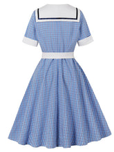 Load image into Gallery viewer, 1950s Blue Plaid Vintage Sailor Collar Short Sleeve Swing Dress