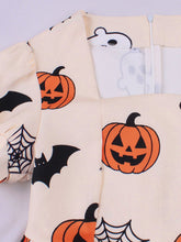 Load image into Gallery viewer, 1950s Orange Square Neck Short Sleeve Halloween Pumpkin Print Vintage Swing Dress with Headband