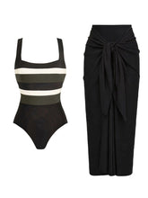 Load image into Gallery viewer, Black Striped One-Piece Swimsuit with Matching Tie-Front Wrap Skirt