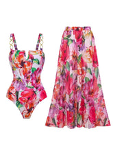 Load image into Gallery viewer, Women's Red Tropical Floral One Piece Swimsuit  and Beach Cover Up Swing Skirt
