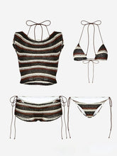 Load image into Gallery viewer, Brown Striped Knit 4-Piece Bikini Set with Boat Neck Crop Top and Side Tie Shorts
