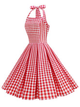 Load image into Gallery viewer, Red Plaid Halter Neck Vintage Dress