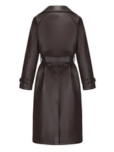 Load image into Gallery viewer, Women's Faux Leather Trench Coat | Long Caramel Tan PU Leather Windbreaker Jacket with Belt