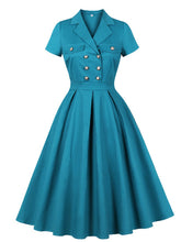 Load image into Gallery viewer, 1950s Teal Blue Retro Double Breasted Lapel Collar Swing Dress