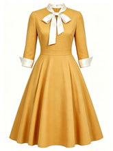 Load image into Gallery viewer, 1950s Vintage Navy Blue Bow Tie Swing Dress - Retro Office Workwear Midi Dress