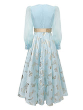Load image into Gallery viewer, Gold Foil Butterfly Print Pink Vintage Square Neck Maxi Dress with Sheer Bubble Sleeves
