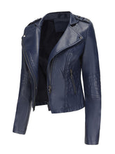Load image into Gallery viewer, Women's Navy Blue Faux Leather Motorcycle Jacket | Slim Fit Asymmetrical Zip Moto Biker Coat