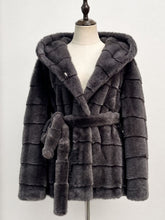 Load image into Gallery viewer, 1980s Vintage Charcoal Grey Hooded Faux Mink Fur Coat - Retro Tiered Belted Jacket