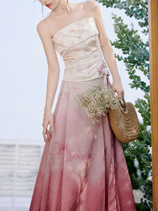 Pink Floral Tube Top and Horse-face Skirt 1950s Cardigan Suit