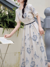 Load image into Gallery viewer, Retro Blue and White Porcelain Style Ballerina Graphic Dress Elegant Lace Flare Midi Dress for Picnic Vacation