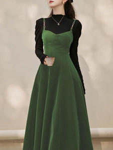 2PS Green Strap Suspender 1950S Dress With Black Sweater