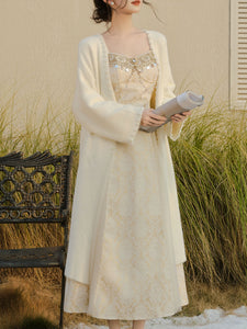2PS Apricot Cardigan With Sequined Strap 50S Vintage Dress Set