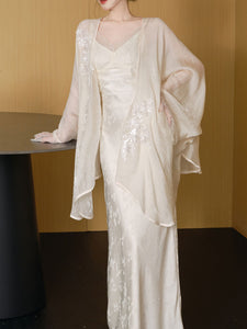 White Jacquard Acetate Sling Fishtail Wedding Maxi Dress and White Cardigan