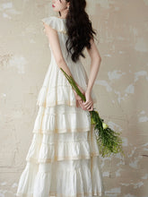 Load image into Gallery viewer, White Ruffles V Neck Layered Lace Maxi Vintage Dress