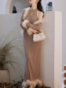 2PS Brown Cheongsam Sleeveless Knit Sweater Dress With Fur Long Sleeve Coat