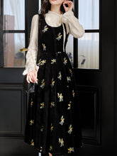 Load image into Gallery viewer, Two-Piece Set White Brushed-Lace Sweater and Black Floral Embroidered Velvet Dress