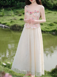 2PS Pink Rose Spaghetti Strap 1950S Swing Victoria's Fairy Dress With Pink Cardigan