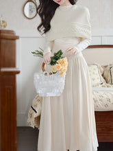 Load image into Gallery viewer, White Two-Piece Set Pearl Beaded Long Sleeve Dress with Cable Knit Cape