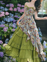 Load image into Gallery viewer, 2PS Boho Gypsy Floral Asymmetrical Maxi Dress Whimsical Green Crinkled Tiered Ruffle Dress for Festival