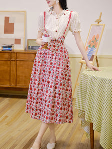 White Cotton Embroidered Shirt and Rose Print Suspender Dress