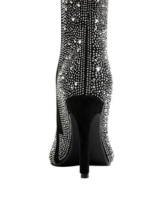 Black High Heel Pointed Toes Luxury Bling Rhinestone Boots Shoes