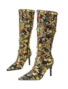 10CM Luxury Embroidered Chunky High Heel Platform Boots Vintage Shoes