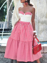 Load image into Gallery viewer, Pink and White Vertical Striped Bandeau One-Piece Swimsuit with Bathing Suit Skirt