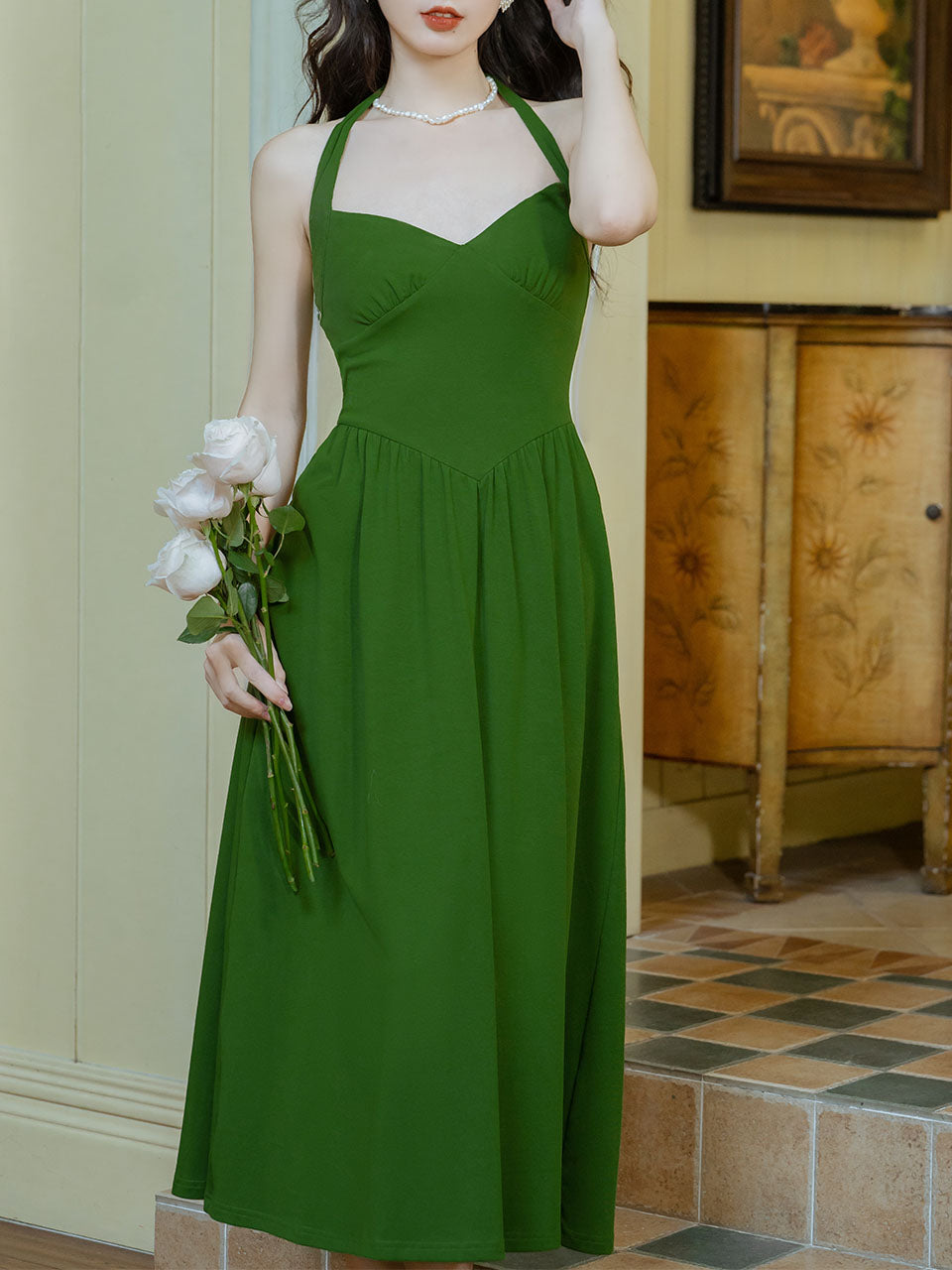 green emerald velvet dress Dark Green Satin Spaghetti Strap Halter Open Back Homecoming Dresses,H –  AlineBridal main image 0