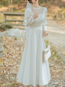 White Lace Semi Sheer Stain Long Sleeve Vintage 1950S Weddding Dress