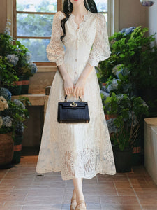 White V-Neck Long Sleeve Lace Vintage Wedding Dress