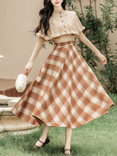 Load image into Gallery viewer, 3PS Brown Knitted Sweater Top Cape With Plaid Skirt Vintage 1950s Suits