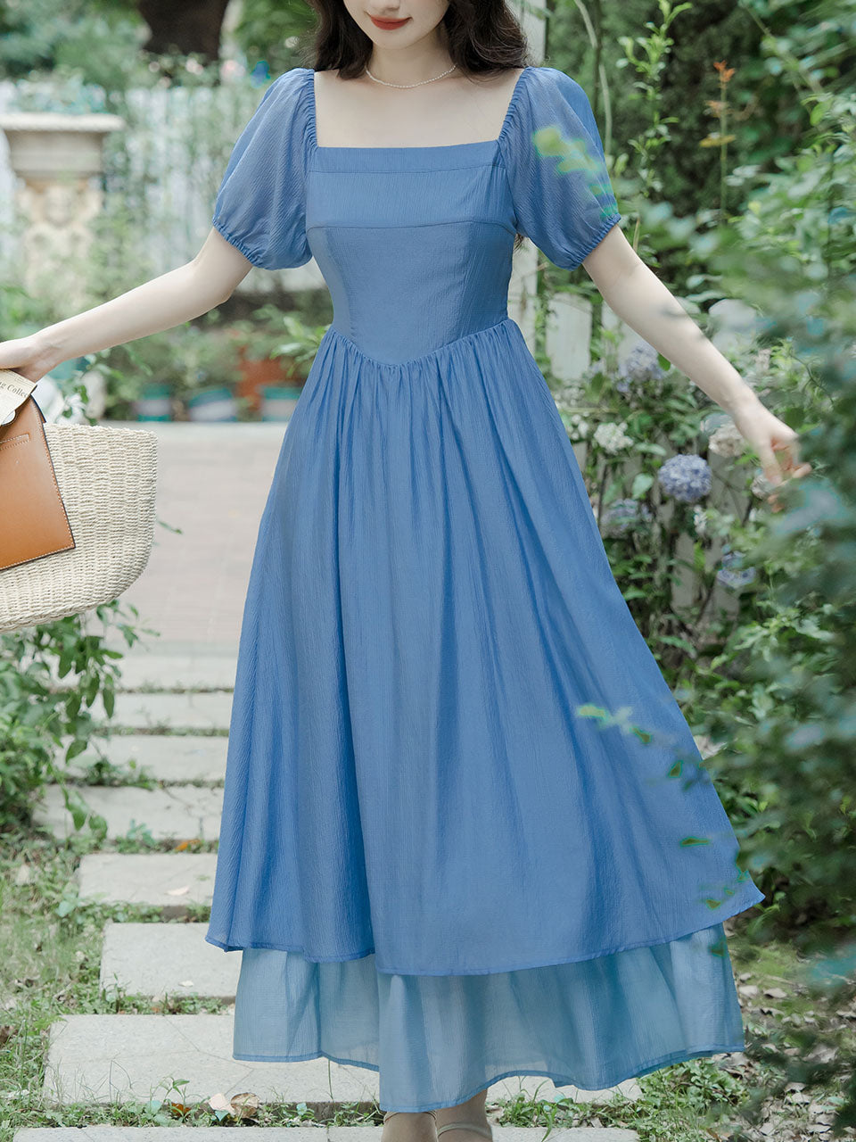 1950S Vintage Blue Square Collar Swing Dress Inspired The Little Mermaid, Blue / L 1950S Vintage Blue Square Collar Swing Dress Inspired The Little Mermaid, Blue / L
