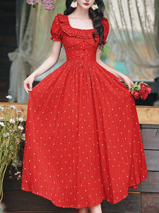 1950S Vintage Red Polka Dots Square Collar Swing Dress