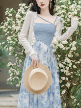 Load image into Gallery viewer, 2PS Blue Rose Spaghetti Strap 1950S Vintage Dress With Long Sleeve Ruffles Cardigan