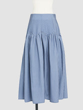 Load image into Gallery viewer, 2PS Blue Stripe Turn Down Collar Top And Swing Skirt Dress Suit