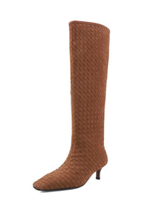 Women's Suede Knit High Heel Knee High Boots Vintage Shoes