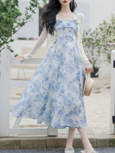 Load image into Gallery viewer, 2PS Blue Rose Spaghetti Strap 1950S Vintage Dress With Long Sleeve Cardigan