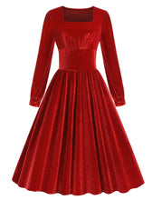 Load image into Gallery viewer, Christmas Green Square Collar Long Sleeve Velvet 1950S Vintage Swing Dress
