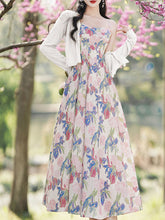 Load image into Gallery viewer, 2PS White Floral Print Spaghetti Strap 1950S Vintage Dress With Long Sleeve Ruffles Cardigan