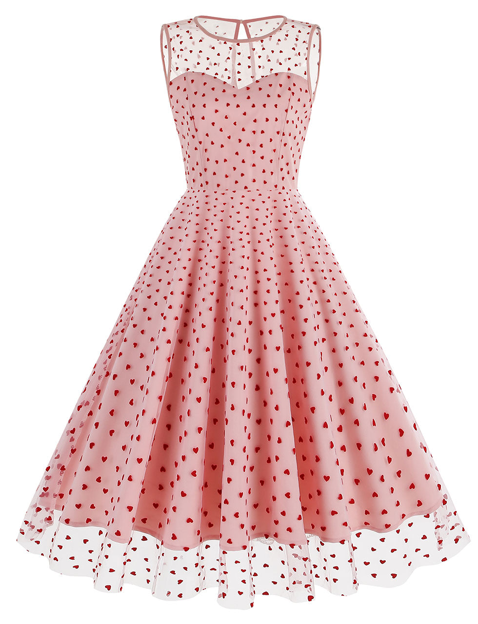 white christmas dresses Pink Semi Mesh Sweet Heart Embroidered Sleeveless 50s Swing Dress, Pink / M